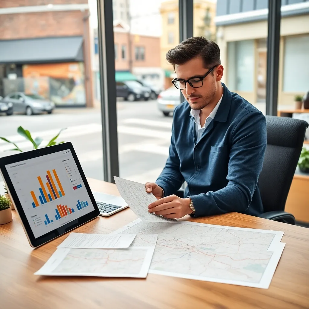Local business owner reviewing customer feedback and map-based performance materials at a desk in a storefront office.
