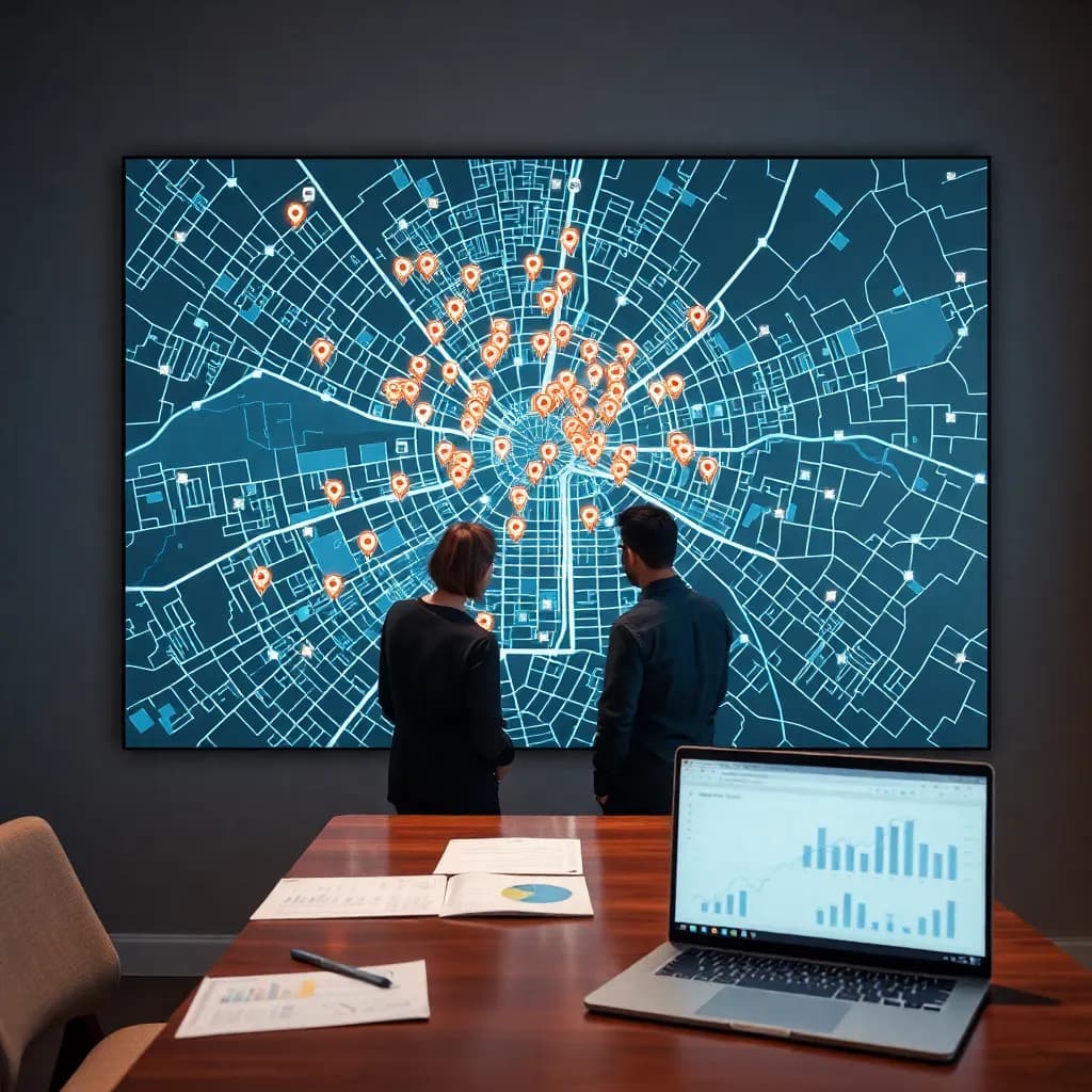 A business owner and consultant review an abstract city map with ranking signals, pins, and review markers in a modern office.
